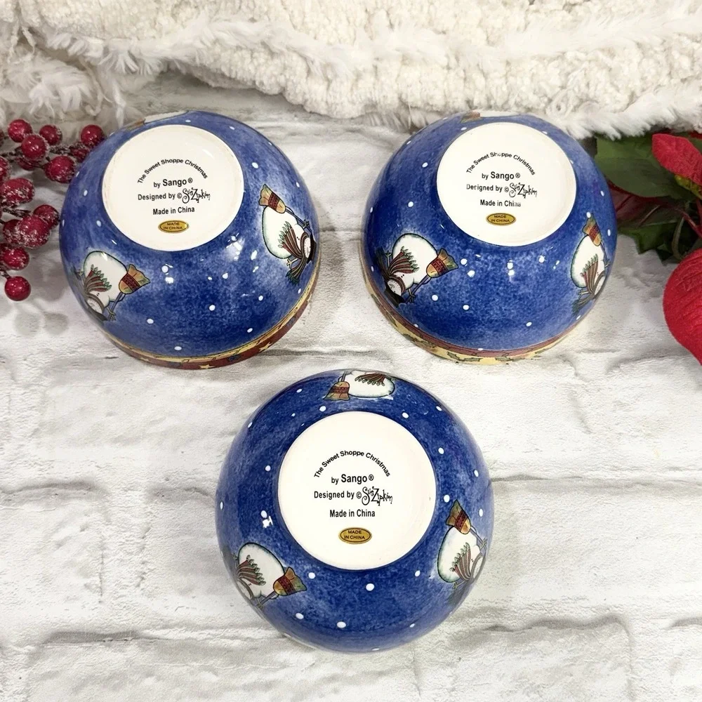 Sango Sweet Shoppe Christmas Snowman Soup Cereal Bowls Set Of 3 By Sue Zipkin
